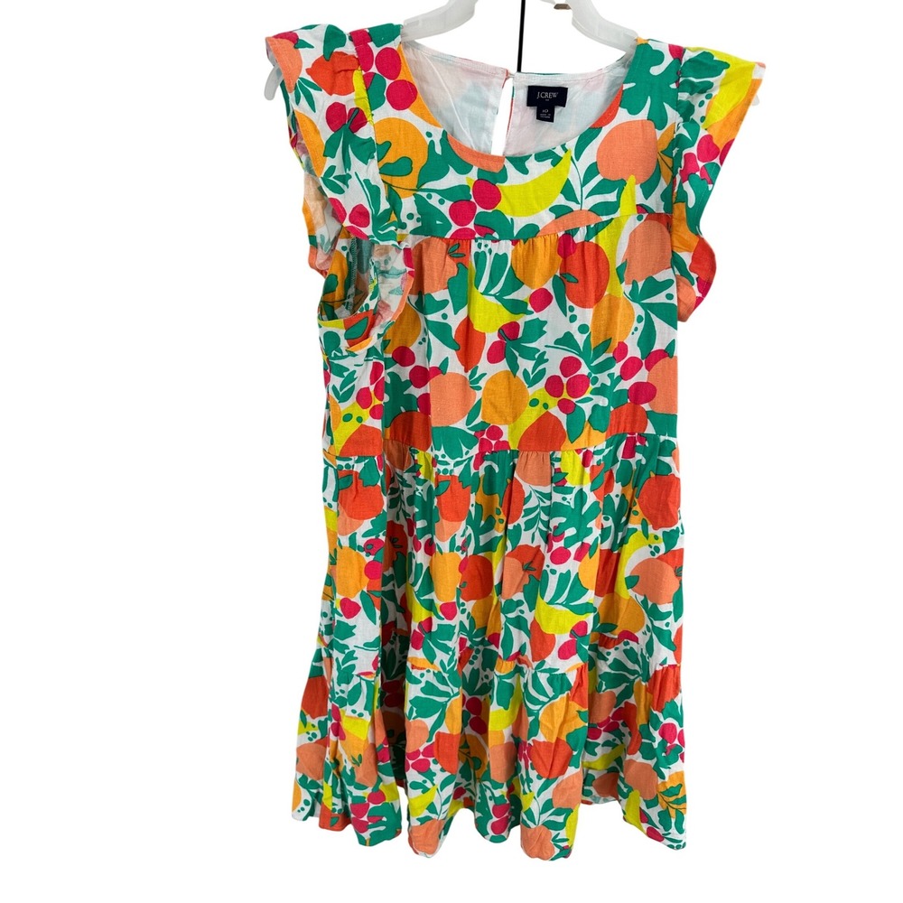 J. Crew Women's Size 10 Linen Blend Fruit Print Tiered Dress Ruffle Sleeves